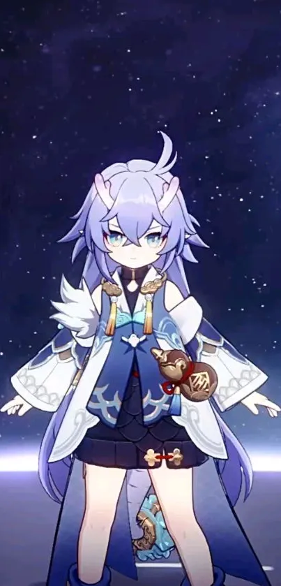 Anime character stands against a starry sky background with a cosmic theme.