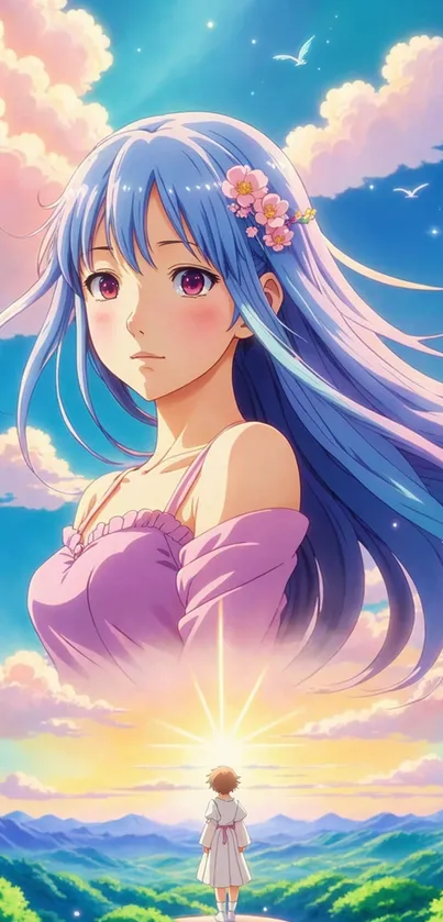 Anime character with sky blue hair against a serene, colorful sky background.