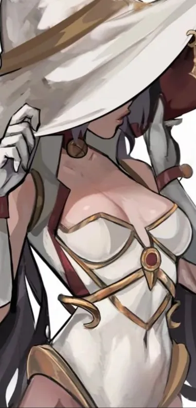 Anime character in stylish armor with a large hat.