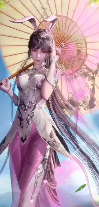 Fantasy anime warrior holding an ornate umbrella in a mystical scene.