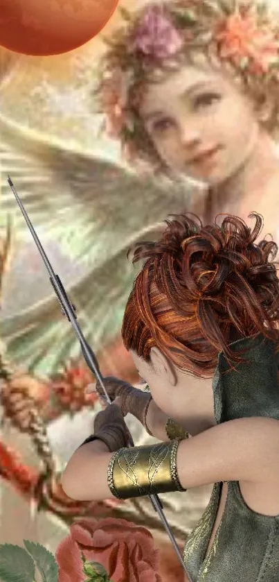 Fantasy archer and Cupid themed wallpaper with elegant artistic design.