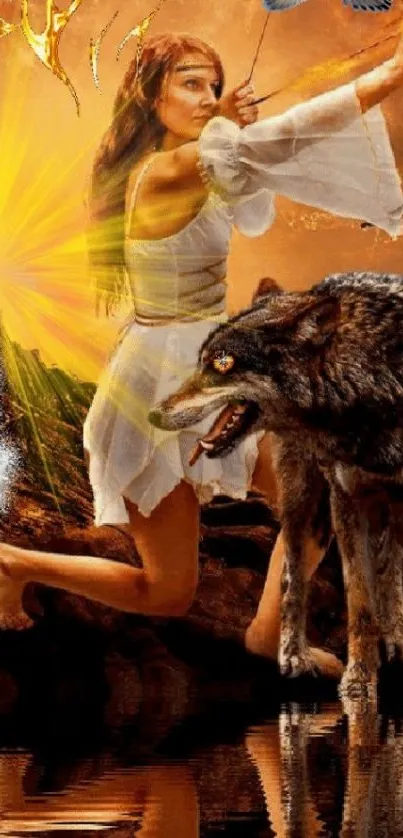 Fantasy artwork of an archer with a wolf companion against a golden backdrop.