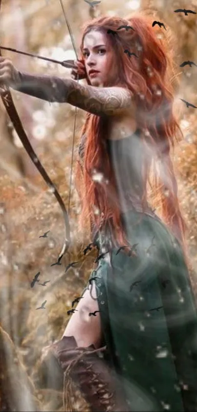 Red-haired archer in fantasy forest.