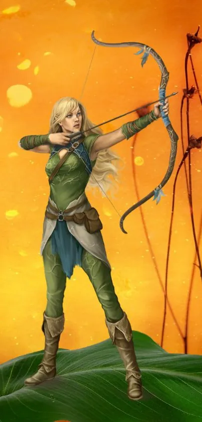 Elf archer on green leaf with orange background.