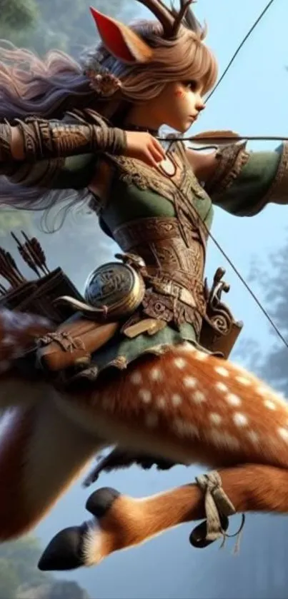 Fantasy archer with deer features ready to shoot an arrow in a mystical forest.