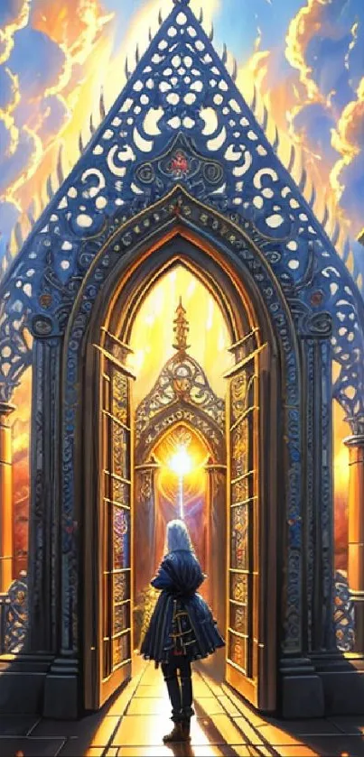 A person stands before a glowing fantasy archway with intricate designs.