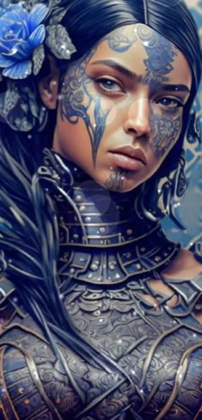 Intricate armored woman with blue floral design in fantasy art.