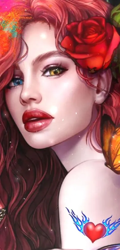 Fantasy art of a red-haired woman with butterflies and a tattoo.