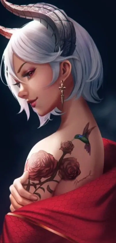 Fantasy art of a demon girl with horns and tattoos, draped in red.