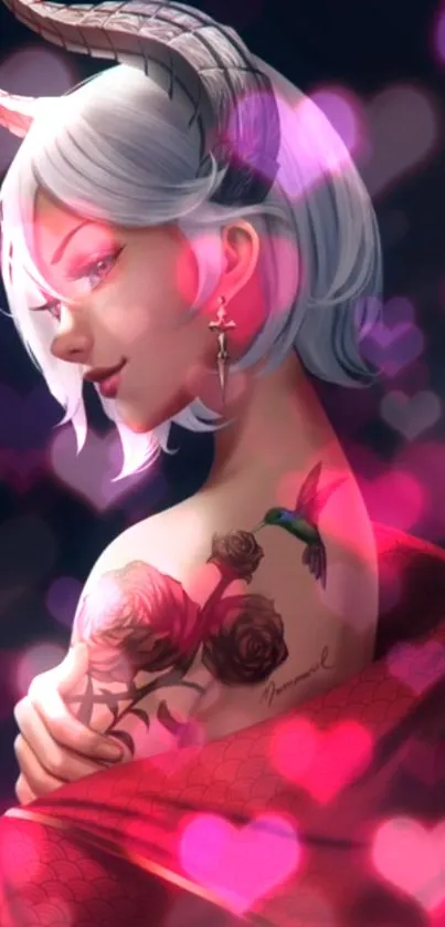 Fantasy art of demon girl with tattoo and pink heart bokeh.