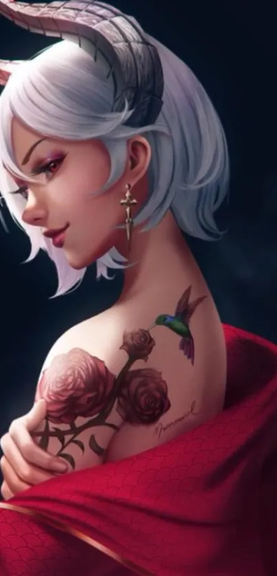 Fantasy demon girl with white hair and tattoo, surrounded by dark background.