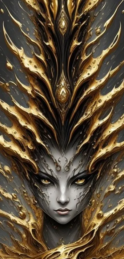 Intricate fantasy art with gold mask and dark background for mobile wallpaper.