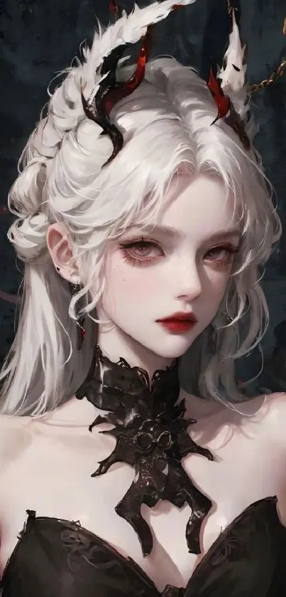 Ethereal character with white hair and distinctive horns in a gothic fantasy art style.