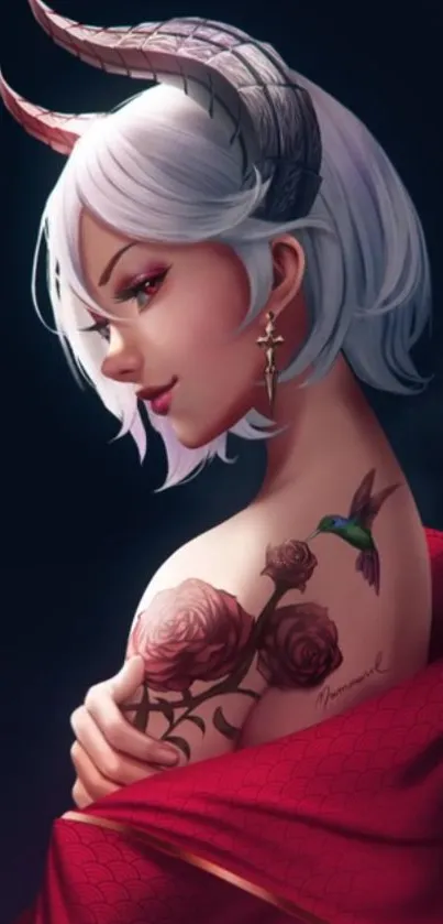 Fantasy horned woman with white hair and tattoos on a dark blue background.