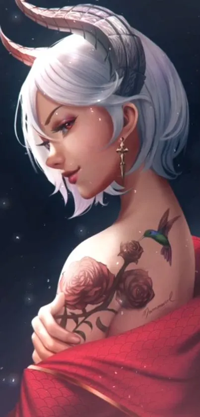 Fantasy character with white hair, rose tattoo, and dark background mobile wallpaper.