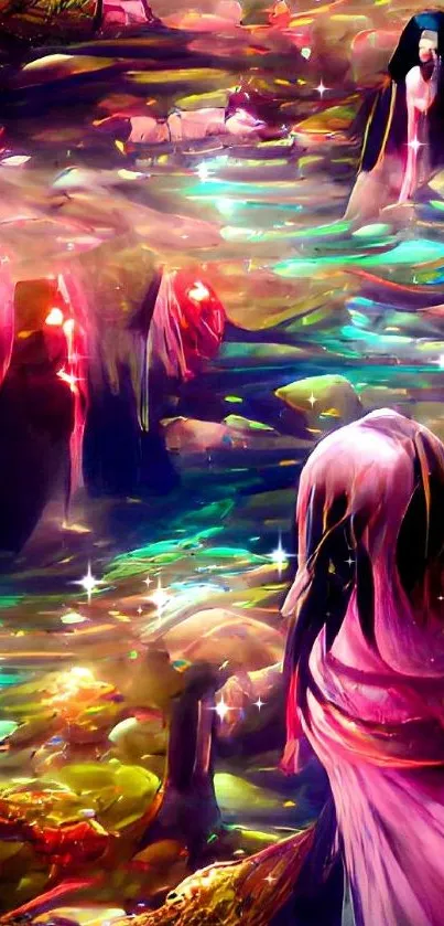 Vibrant fantasy art wallpaper with mystical figures and colorful hues.