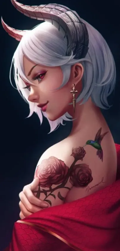 Fantasy character with white hair, horns, and hummingbird illustration.