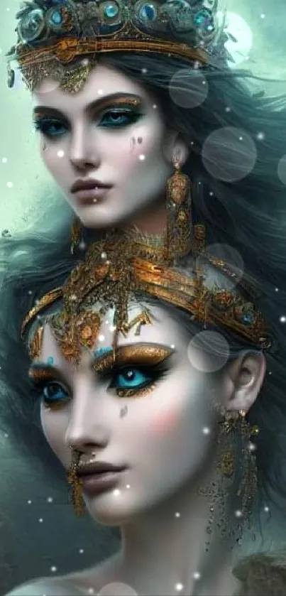 Fantasy art featuring mystic goddesses adorned in ornate crowns with blue-green hues.