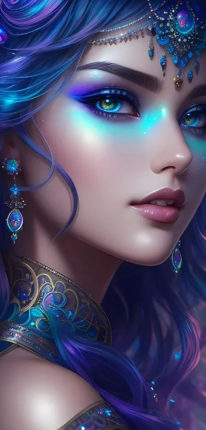 Mystical neon blue fantasy portrait wallpaper.