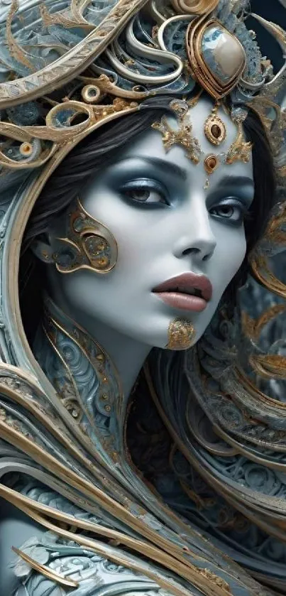 Futuristic fantasy art portrait with intricate designs.