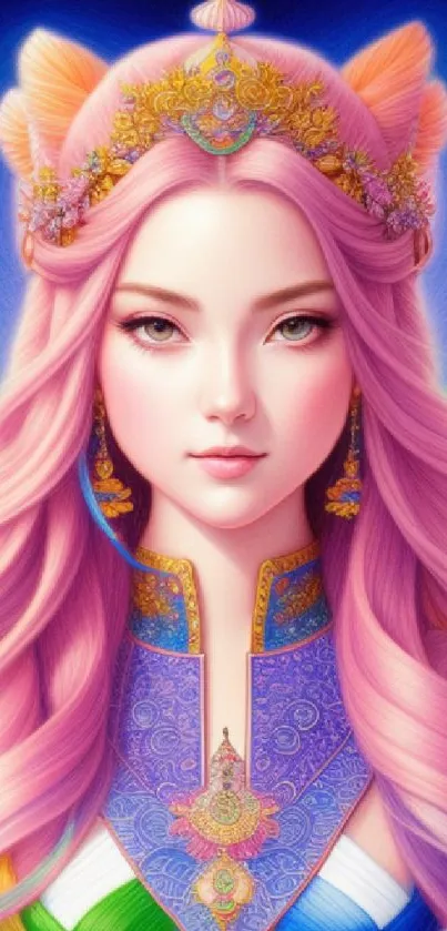 Fantasy princess with pink hair and ornate crown.