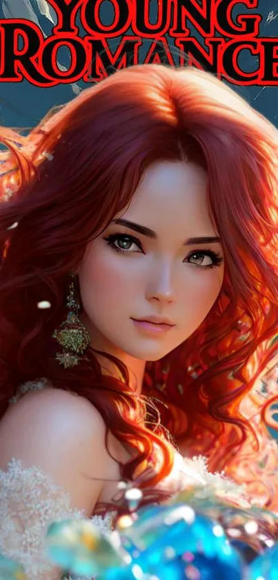 Romantic fantasy art with red-haired character on a dynamic background.