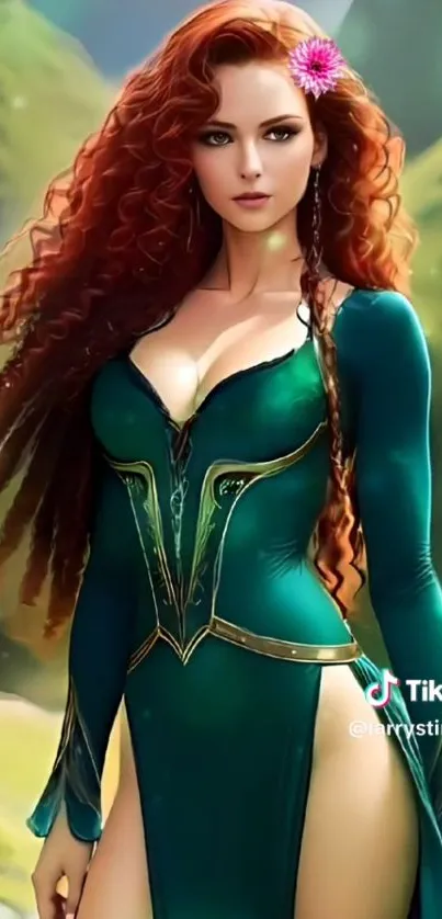 Fantasy art redhead warrior in emerald gown.