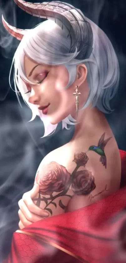 Fantasy art with tattooed figure and vibrant colors.