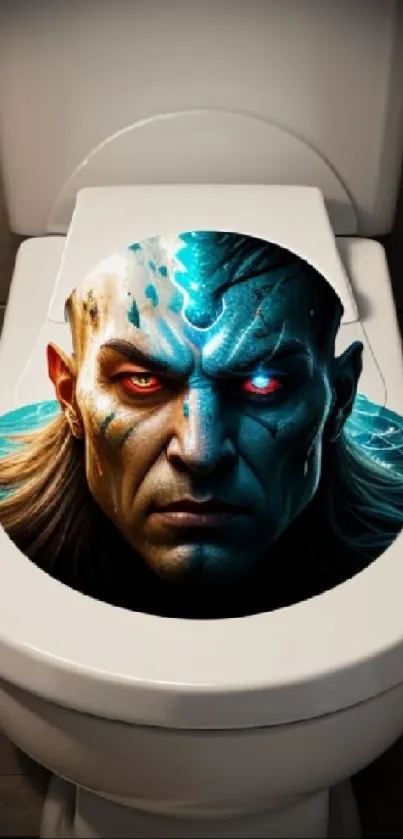 Fantasy character face art on toilet lid wallpaper, perfect for mobile.