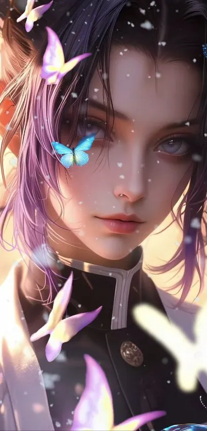 Fantasy-themed art with butterflies and anime style character.