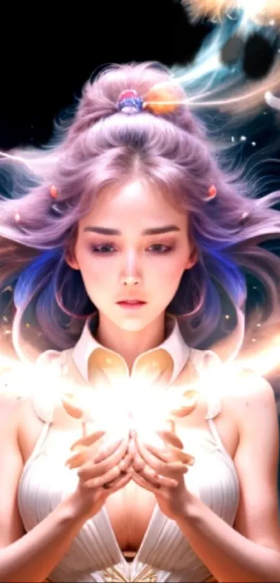 Fantasy art of a woman holding glowing light with ethereal elements.