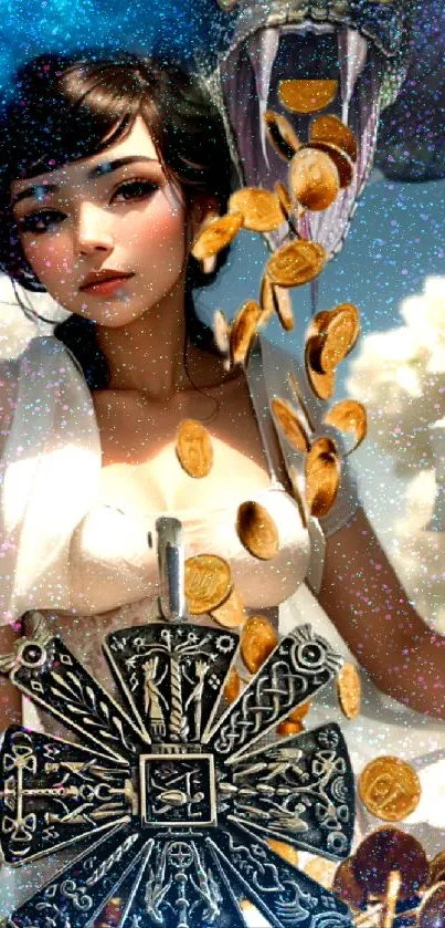 Fantasy wallpaper of a woman with coins and a serpent.