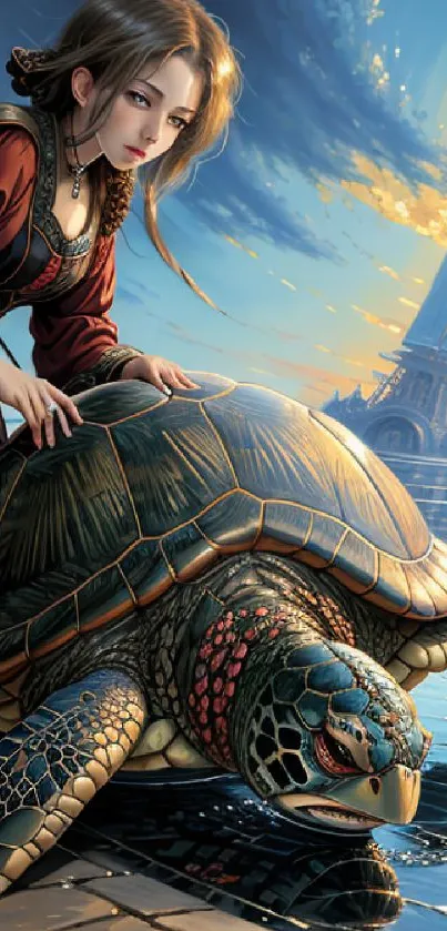 Fantasy art of a woman with a turtle by the water under a blue sky.