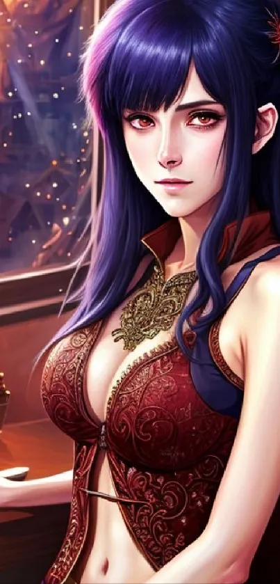 Fantasy artwork of a woman with purple hair in a mystical setting.