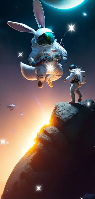 Astronaut rabbit floating in a fantastical space setting above a glowing planet.