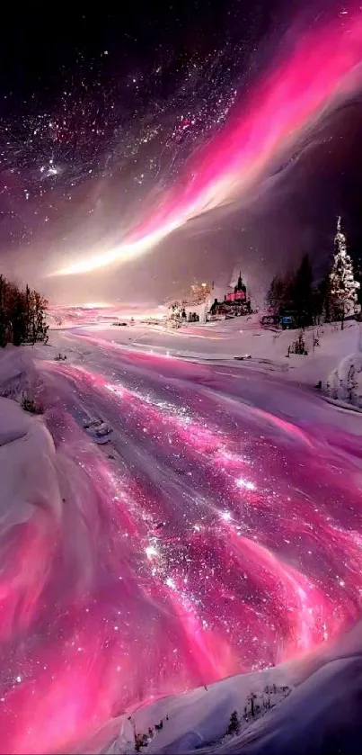 Pink aurora lights over snowy landscape under a starry night sky.