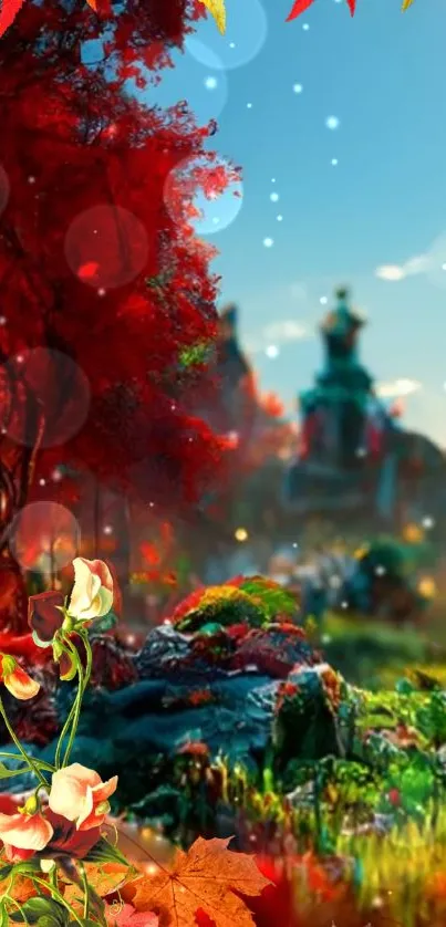 Fantasy autumn landscape with vibrant red and mystical flowers.