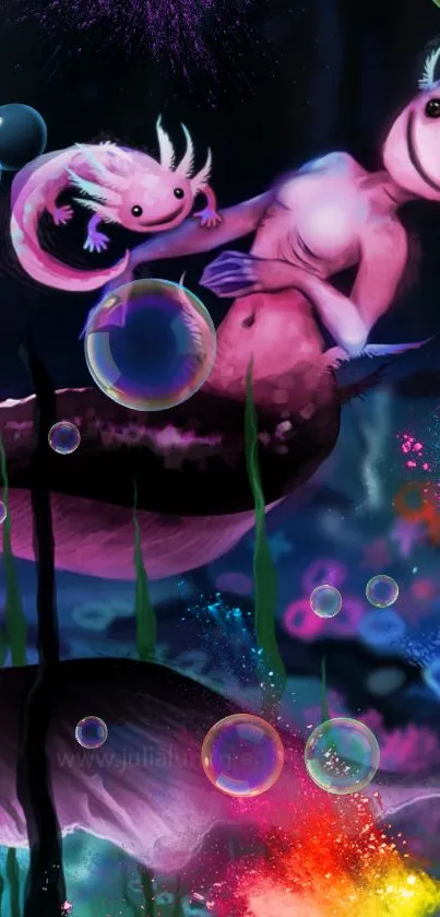 Fantasy axolotl mermaid art with bubbles and vibrant colors.