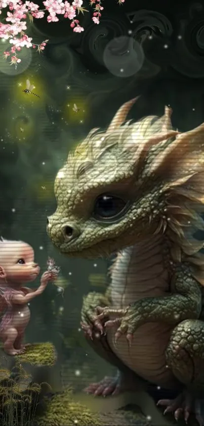 Enchanting fantasy scene with baby dragon admiring a flower.