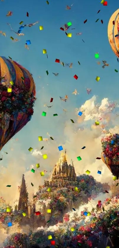 Colorful hot air balloons over a fantasy castle scene.