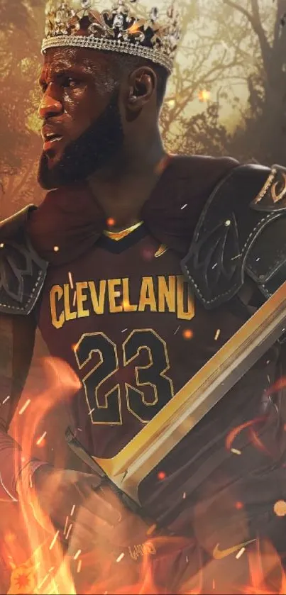 Fantasy art of basketball player as a king, with flames and regal armor.