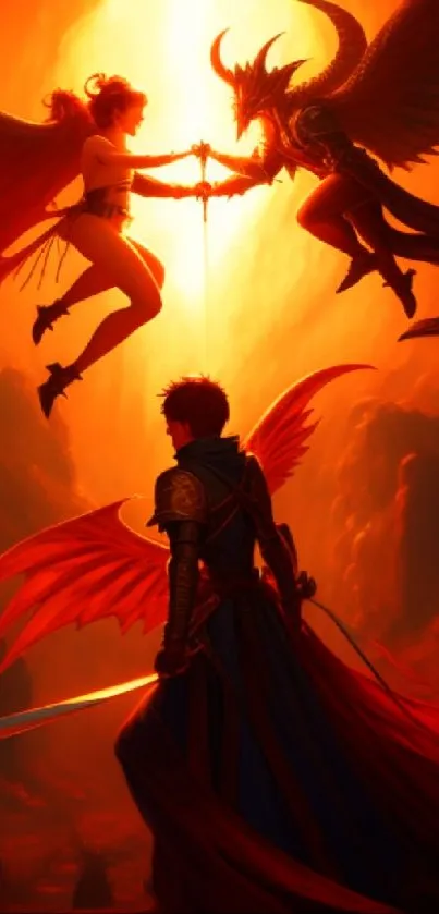 Fantasy scene with winged warriors battling amid fiery hues.