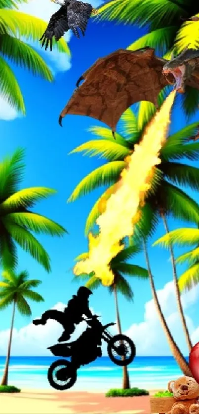 A fantasy beach scene with a dragon, biker, and teddy bear under palm trees.