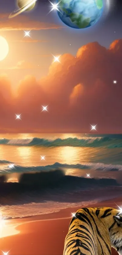 Fantasy beach sunset with tiger and planets in a mystical landscape.