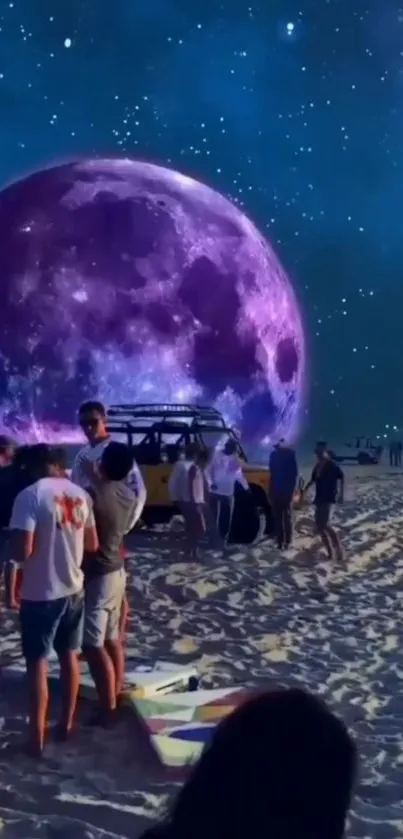 Fantasy beach scene with a purple moon glowing in the night sky.