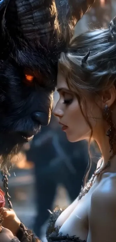 Fantasy creature and woman in a mystical setting.