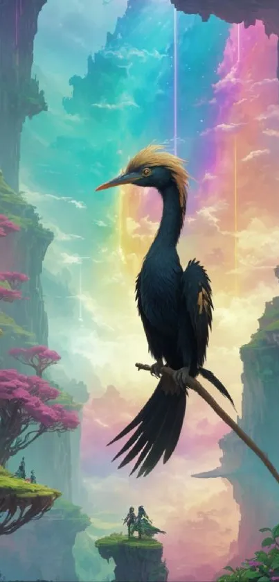 Fantasy bird perched on a branch in a colorful, mystical landscape with cliffs and vibrant sky.