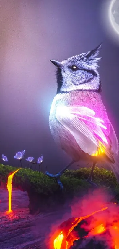 Fantasy bird and glowing lava under moonlit sky.