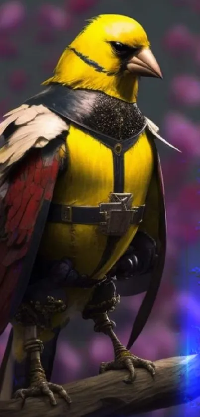 Fantasy bird in armor with vibrant colors on a blurred background.