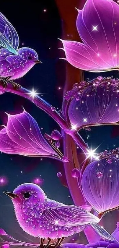 Fantasy wallpaper with purple birds and glowing flowers against a starry backdrop.